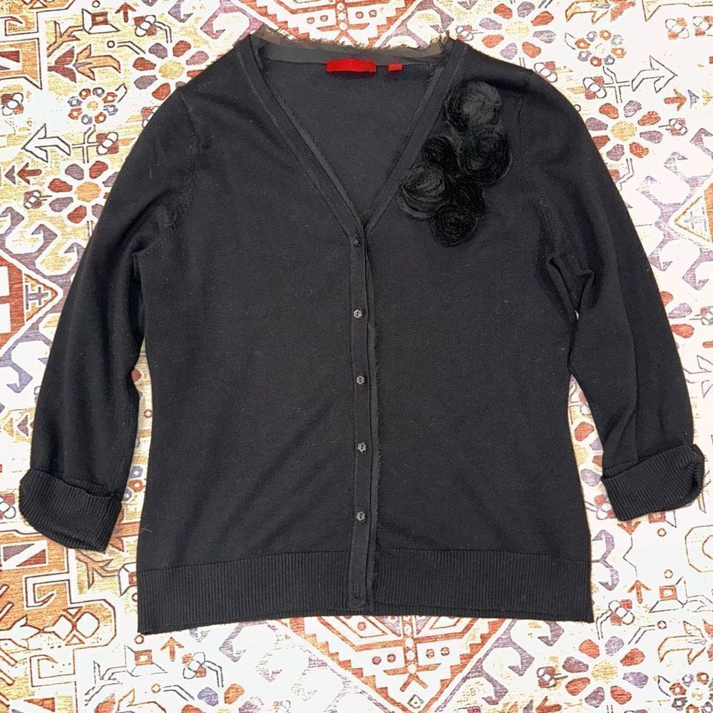 Red Women’s‎ button down Black Eye Lash Sheer Lace Black Cardigan Large applique